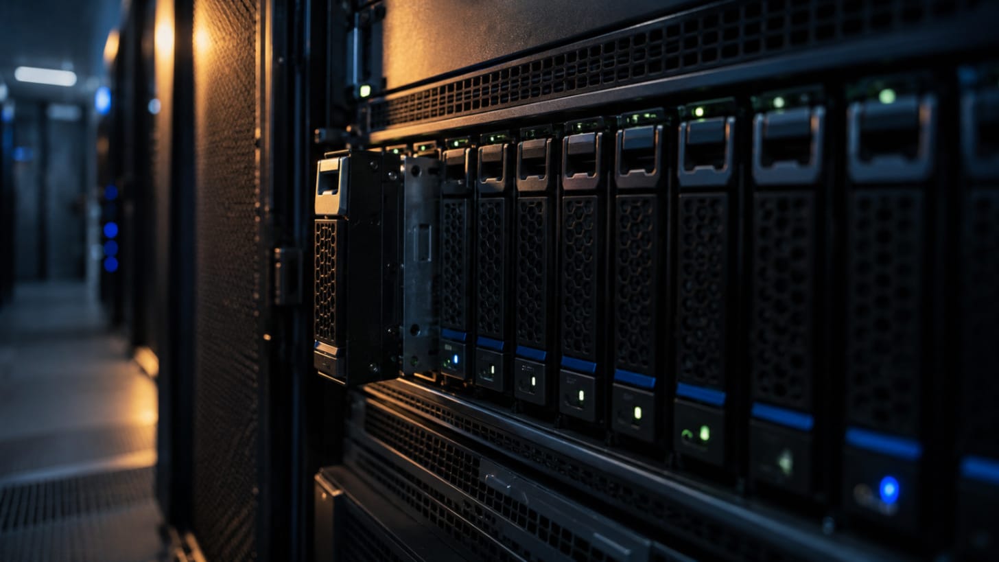 Close-up of a storage server in a dim data centre, a row of drive bays with small green and blue lights, one drive slightly pulled out