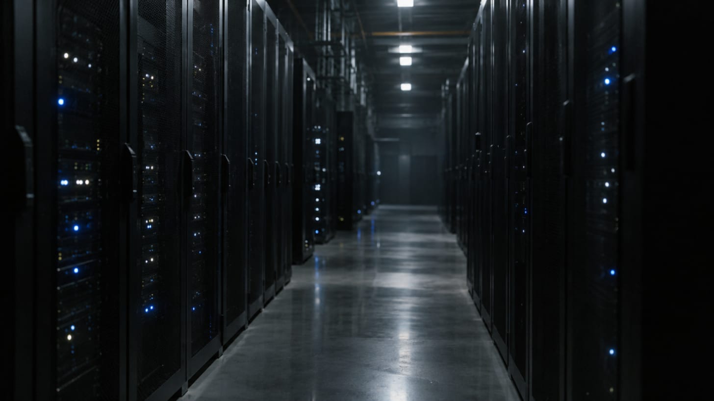 A quiet, dimly lit data-centre aisle lined with server racks