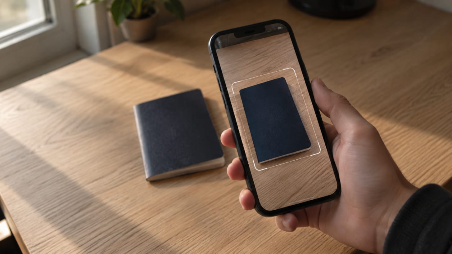 A hand holding a phone whose camera frames a passport on a wooden desk