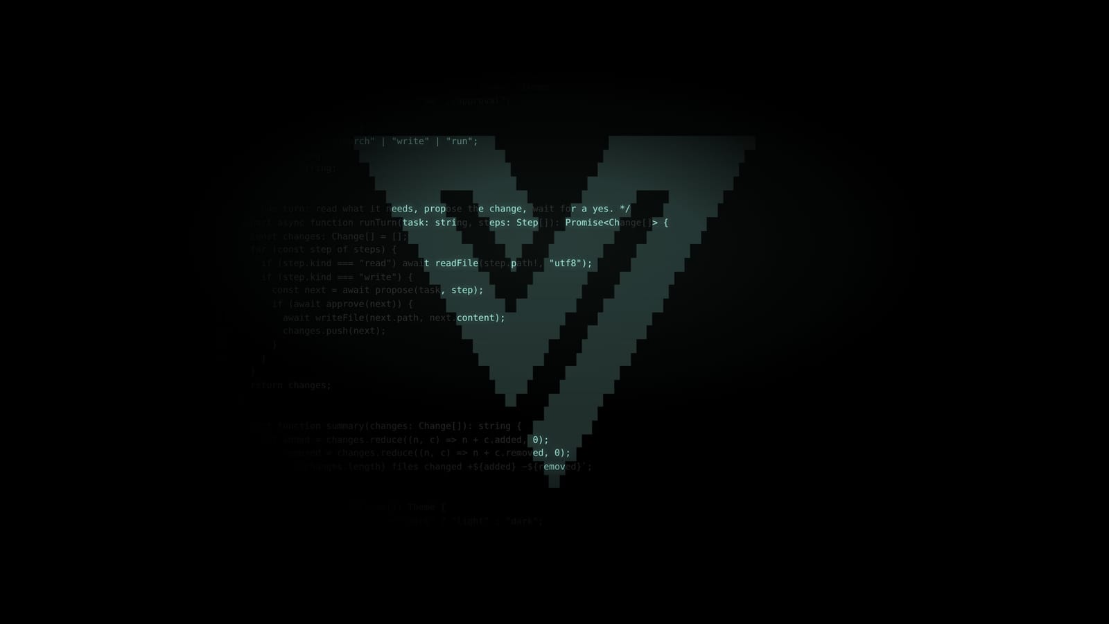 Lines of code in a dark editor, with a mint selection in the shape of the Vestra mark.