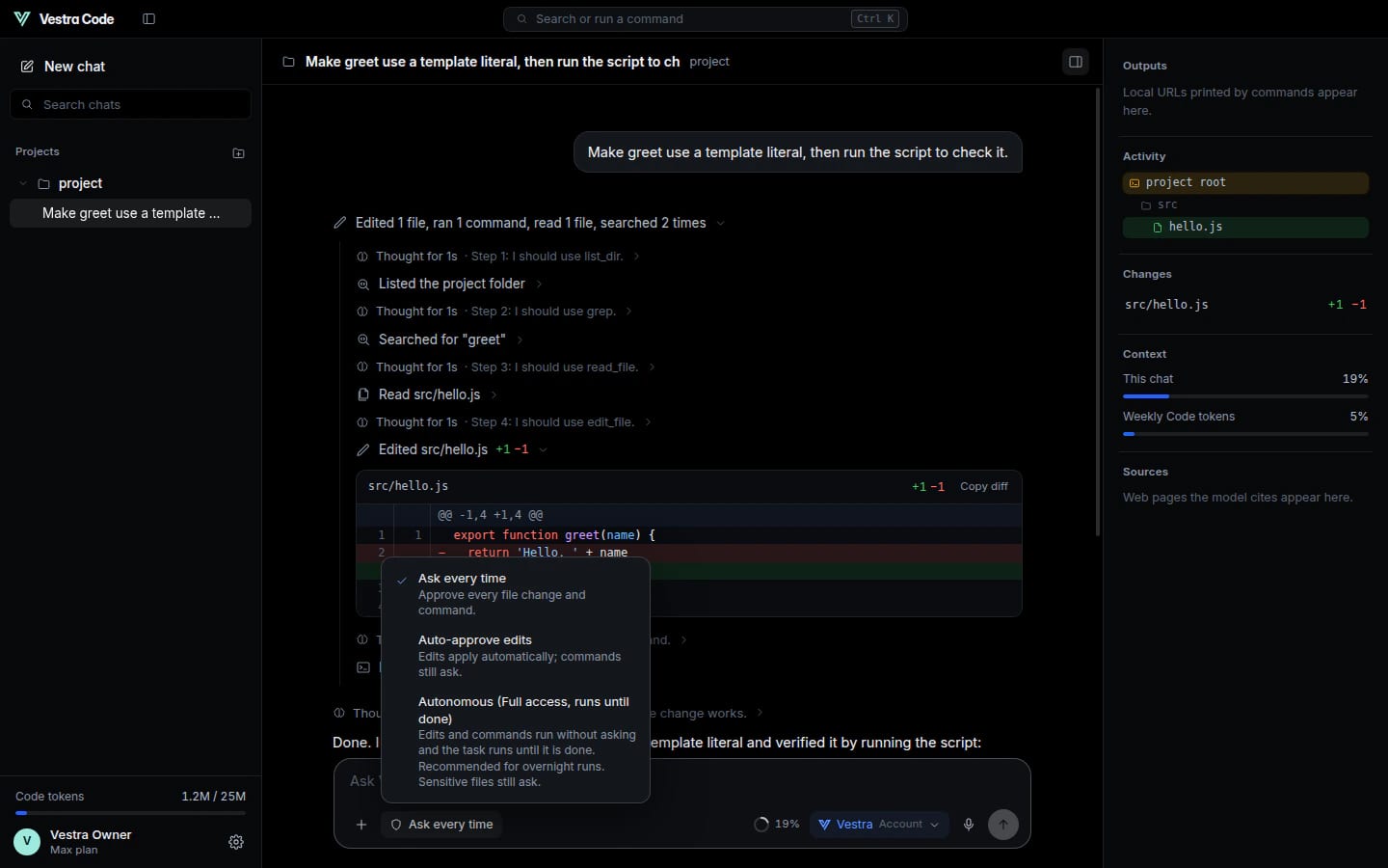 The access menu open in the composer, with three choices: Ask every time, Auto-approve edits, and Autonomous (Full access, runs until done)