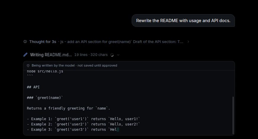 A README being written live: the row reads "Writing README.md", with a line count and the file's content streaming into a box marked "not saved until approved"