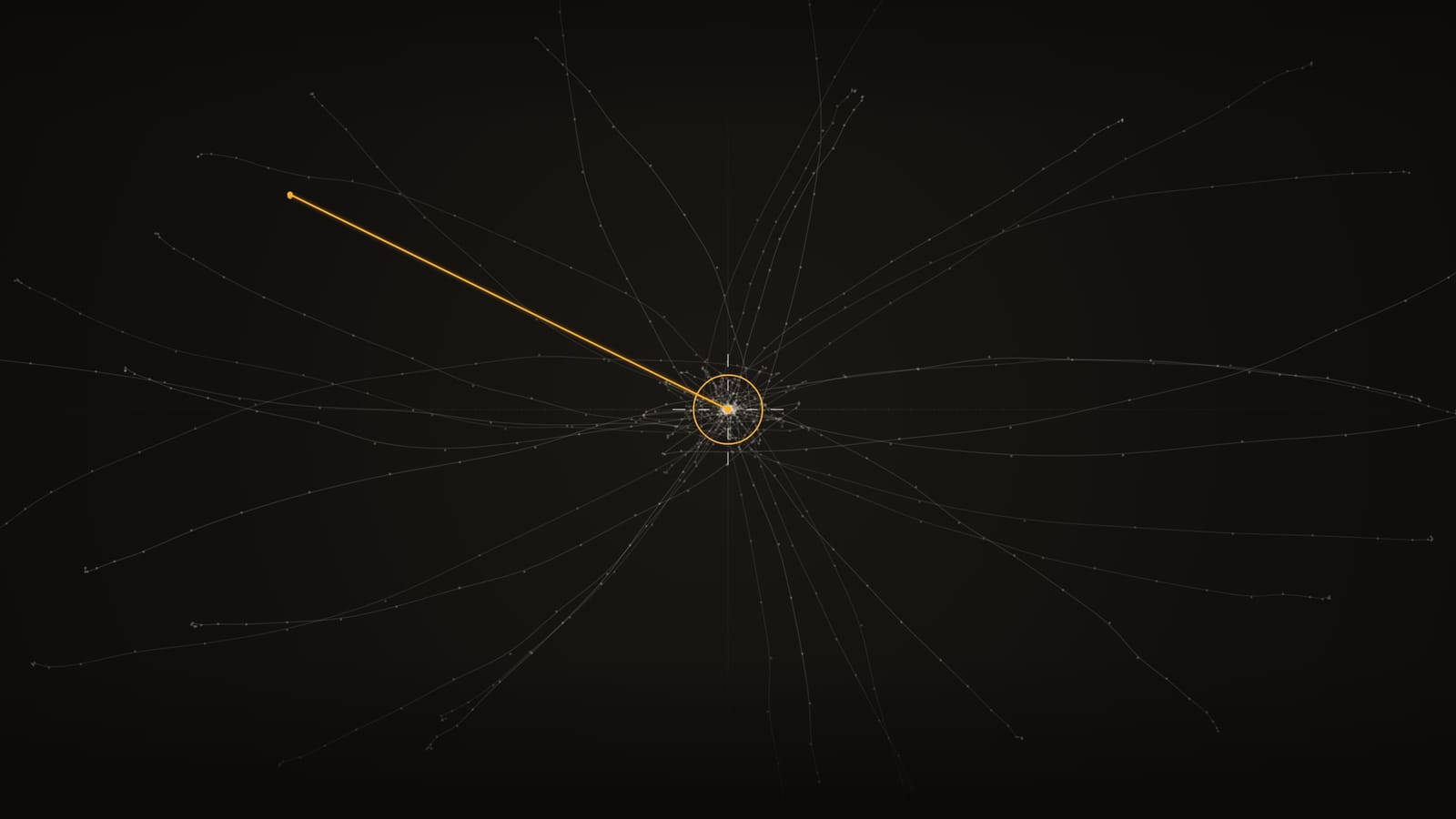Fine aim traces on dark graphite converging on a target reticle; one straight amber line reaches it in a single step
