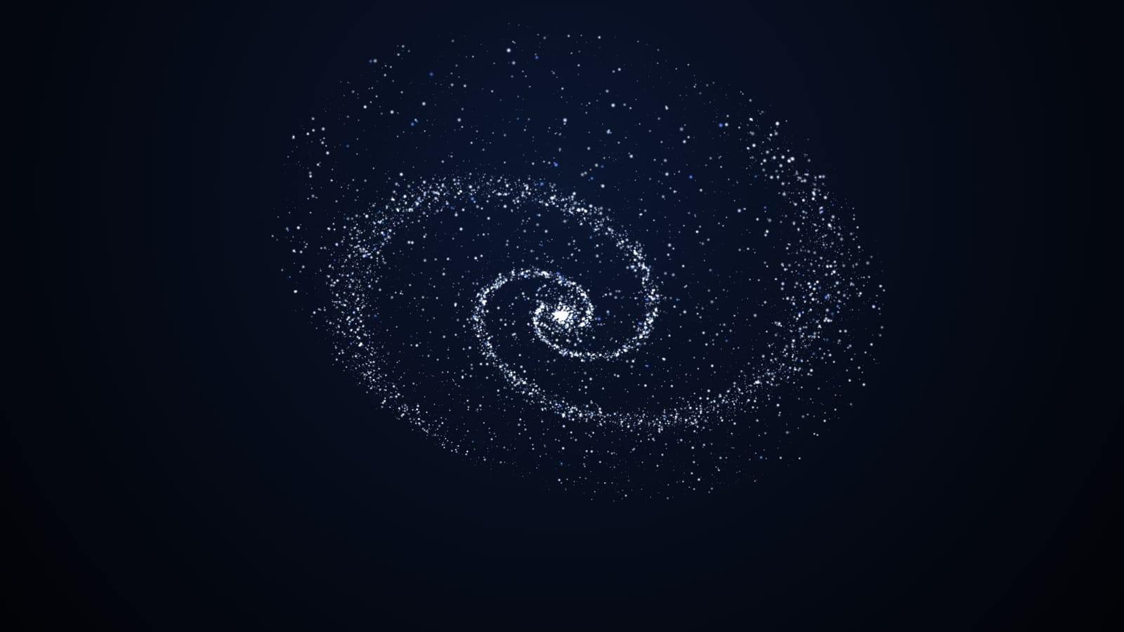 A spiral galaxy of white points of light, tilted against a dark navy sky